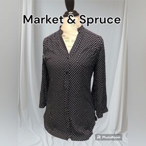 Market&Spruce Tunic Top Henley XS 3/4 Sleeve Roll-Tab option dark navy polka dot